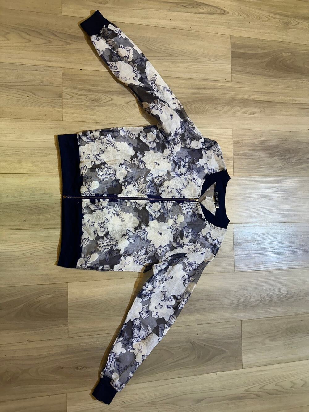 Mood Sheer Floral Bomber Jacket Navy Blue White Chiffon Full Zip Size Medium